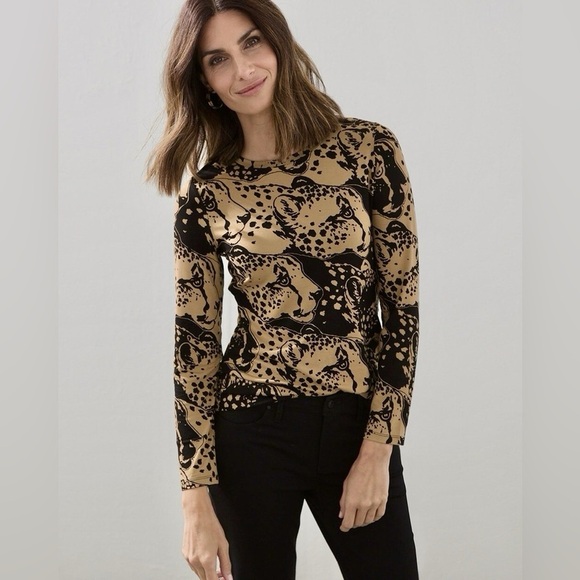 Chico's Women'a Large 2 Long Sleeve Cheetah Graphic Print Long Sleeve Top Soft - Picture 1 of 15